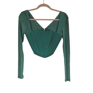 Alice Elle Emerald Green Mesh Long Sleeve Corset Top Size 6 Boned V-Neck Zipper